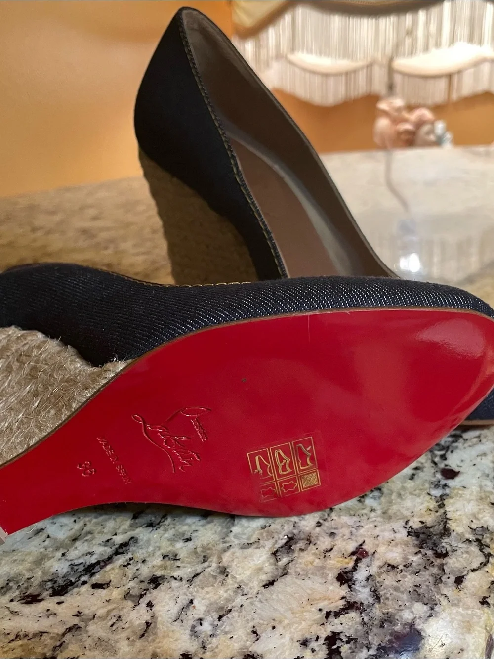 Christian Louboutin Navy Denim Pointed-Toe Pumps with Red Sole
